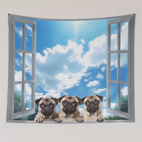 Item preview, Three funny curious pug dogs looking peeping staring peeking standing on in inside out of through window view designed and sold by zand-n-zive.