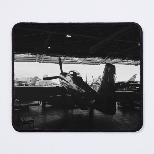 Item preview, Black and White Grayscale Monotone Digital Photograph Vintage Green Mustang Air Propeller Plane Modern Warehouse Industrial Hanger designed and sold by ARTbyABACCUS.