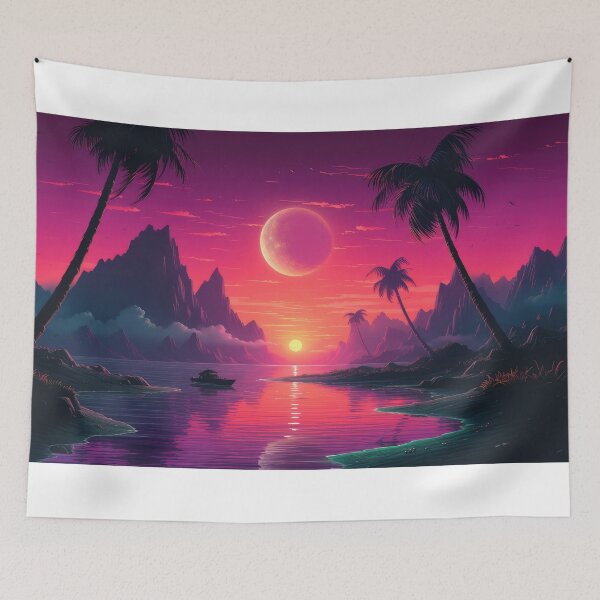Item preview, Sunset in purple colors, with palm trees, a river, and a boat designed and sold by JoBlack1.