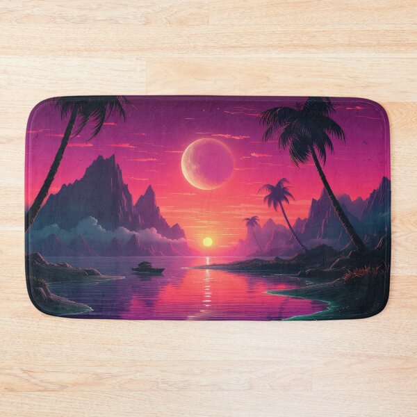 Item preview, Sunset in purple colors, with palm trees, a river, and a boat designed and sold by JoBlack1.