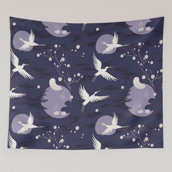 Item preview, Soothing Moonlit Night And Cranes Minimalistic Japanese Pattern designed and sold by Wonder Of Light.