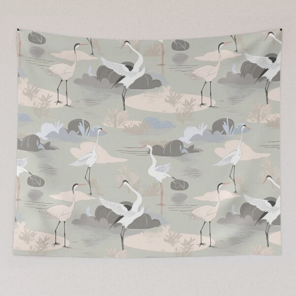 Item preview, Soothing Cranes And Tranquil Pond Minimalistic Japanese Pattern designed and sold by Wonder Of Light.
