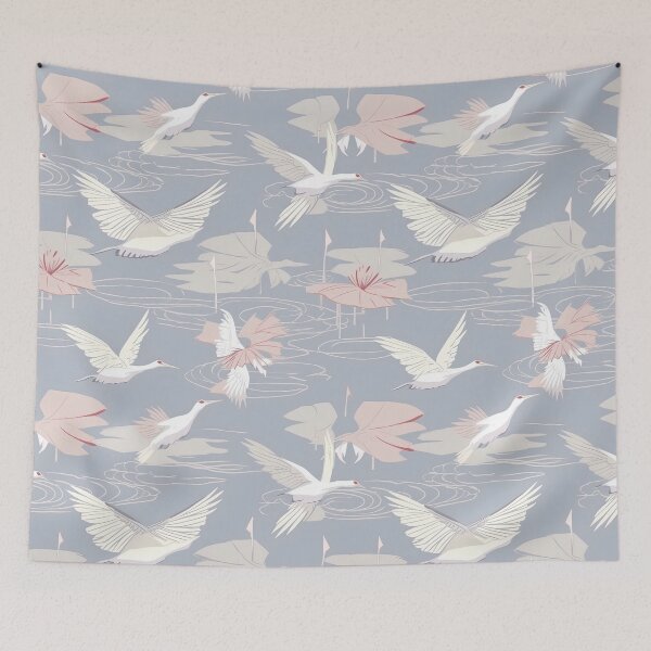 Item preview, Soothing Cranes And Tranquil Pond Minimalistic Japanese Pattern designed and sold by Wonder Of Light.