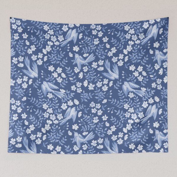 Item preview, Flores blancas con patrón de paloma sobre fondo azul. designed and sold by PatternHome.