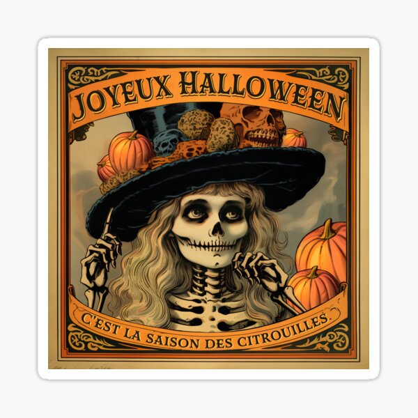 Vintage Halloween female Skeleton in a fancy hat Advertisement Sticker