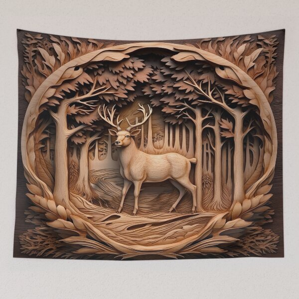 Item preview, Wood carved deer in forest designed and sold by Inktown.