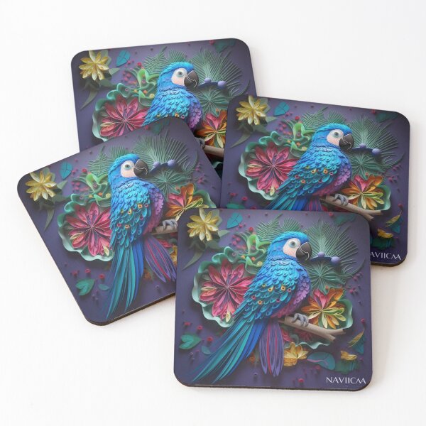 Item preview, Colorful macaw parrot with tropical leaves on purple background. designed and sold by aiphotosart.