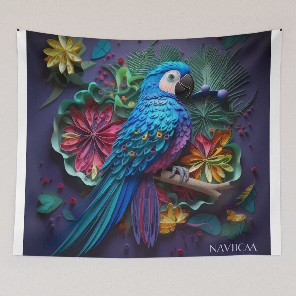 Item preview, Colorful macaw parrot with tropical leaves on purple background. designed and sold by aiphotosart.