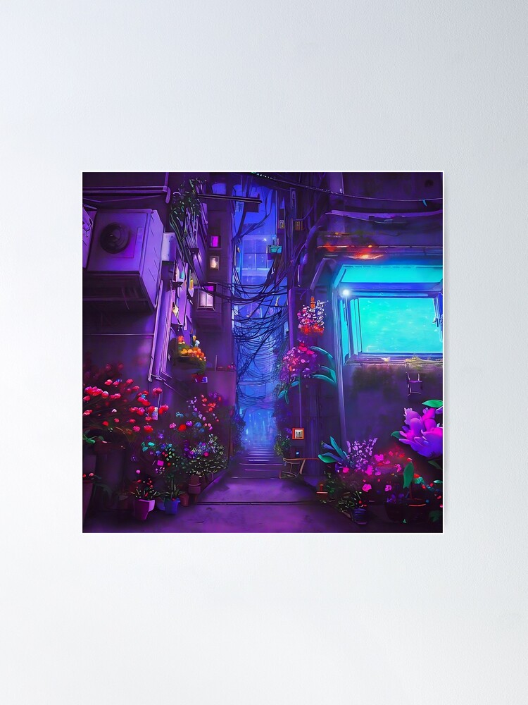 Thumbnail 2 of 3, Poster, A Floral Oasis in the Cyberpunk City designed and sold by cokemann.