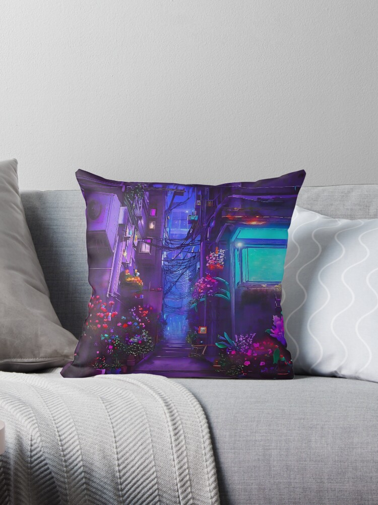 Thumbnail 1 of 3, Throw Pillow, A Floral Oasis in the Cyberpunk City designed and sold by cokemann.