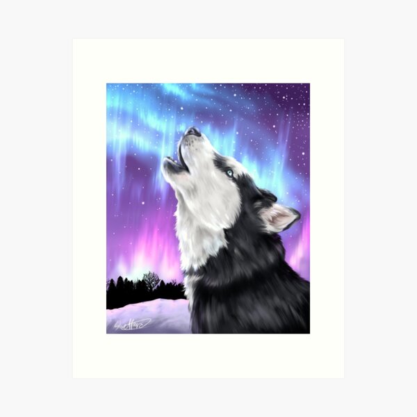 Aperçu de l'œuvre Aurores boréales et husky hurlant | Illustration d'un chien husky de Sibérie créée et vendue par shirinsart.