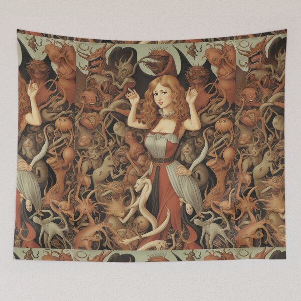 Item preview,  A beautiful woman from the middle ages surrounded by Demons and Fallen angels at court after Hieronymus Bosch designed and sold by Vintage Designs +.