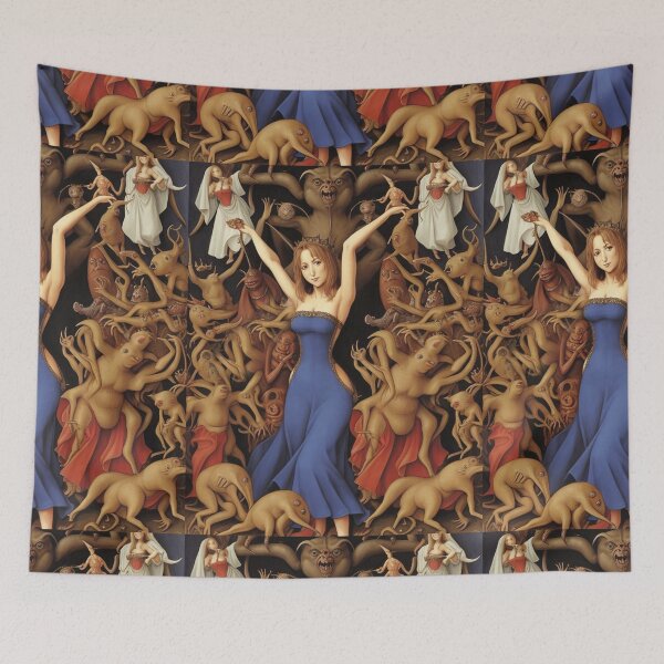 Item preview, A beautiful woman from the middle ages surrounded by Demons and Fallen angels at court after Hieronymus Bosch designed and sold by Vintage Designs +.