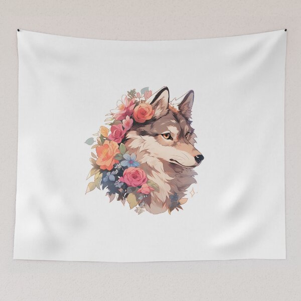 Item preview, Cute Wolf With Flowers Girls designed and sold by CozyKawaiiArt.