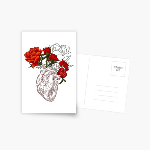 drawing Human heart with flowers Postcard
