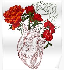 Zeichnen Menschliches Herz mit Blumen Poster