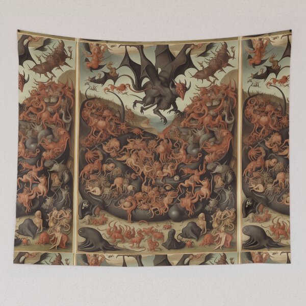 Item preview, a landscape of Hell featuring demons and  The Denizens of Hell  - after Hieronymus Bosch designed and sold by Vintage Designs +.