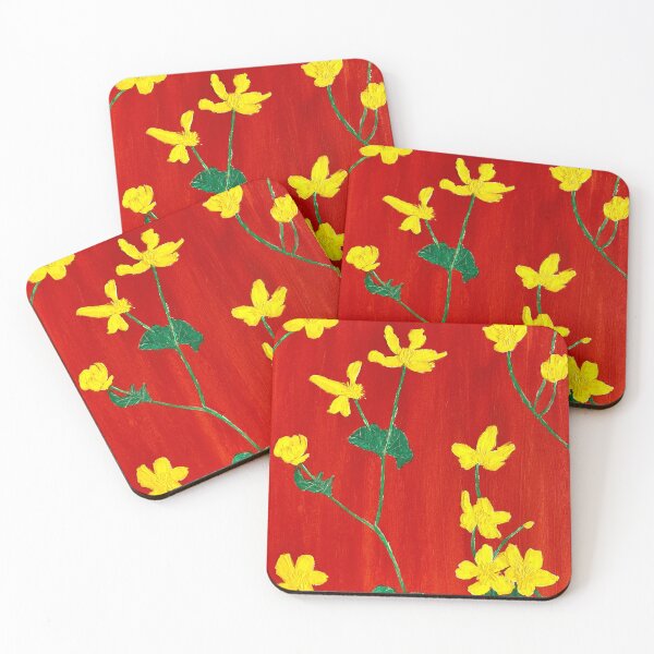 Aperçu de l'œuvre Marsh merrigold fleurs sur rouge créée et vendue par Ruth Breen Artwork .