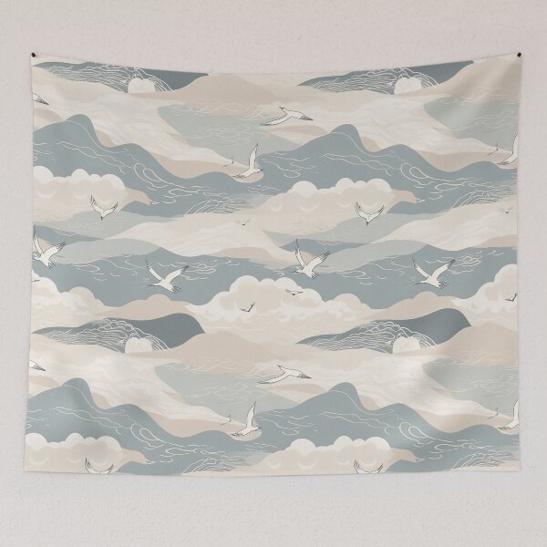 Item preview, Serene Gentle Waves And Seagulls Minimalistic Japanese Pattern designed and sold by Wonder Of Light.