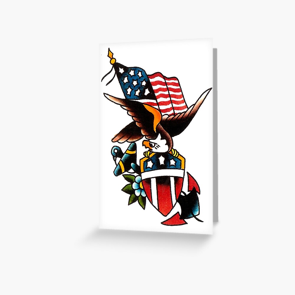 American Eagle Und Usa Flagge 2 Traditionelle Tattoo Spitshade Grusskarte Von Blacklodgetees Redbubble