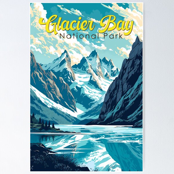 Artikel-Vorschau von Glacier-Bay-Nationalpark-Illustration im Retro-Stil, designt und verkauft von KrisSidDesigns.
