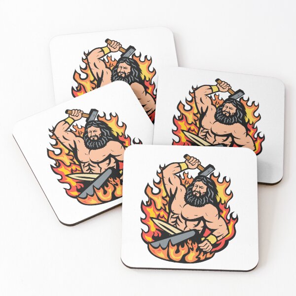 Item preview, Hephaestus Greek God of Forge and Fire Wielding Blacksmith Hammer Mascot Cartoon Retro designed and sold by patrimonio.