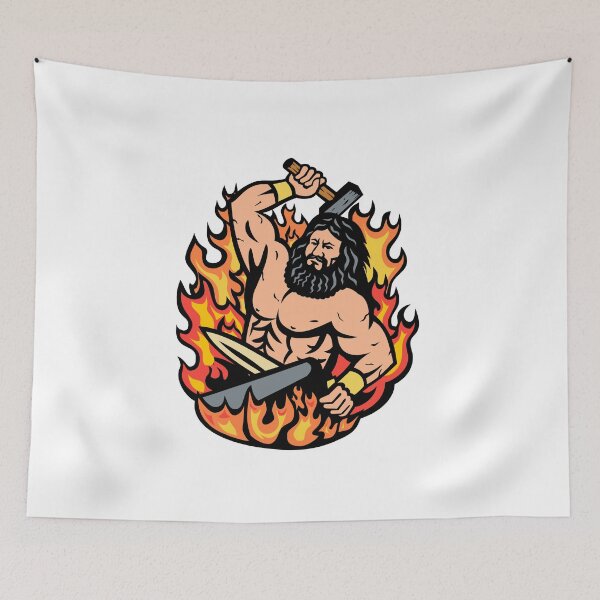 Item preview, Hephaestus Greek God of Forge and Fire Wielding Blacksmith Hammer Mascot Cartoon Retro designed and sold by patrimonio.