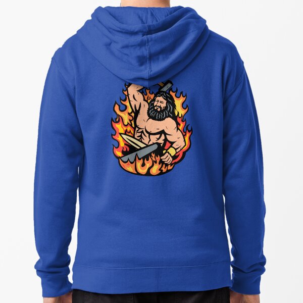 Item preview, Hephaestus Greek God of Forge and Fire Wielding Blacksmith Hammer Mascot Cartoon Retro designed and sold by patrimonio.