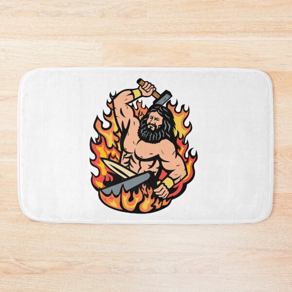 Item preview, Hephaestus Greek God of Forge and Fire Wielding Blacksmith Hammer Mascot Cartoon Retro designed and sold by patrimonio.