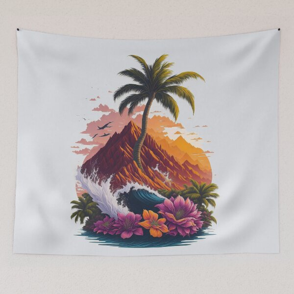 Item preview, A breathtaking sunset magical, enchanted, water with mountains and a palmtree designed and sold by craftyartsdigi.