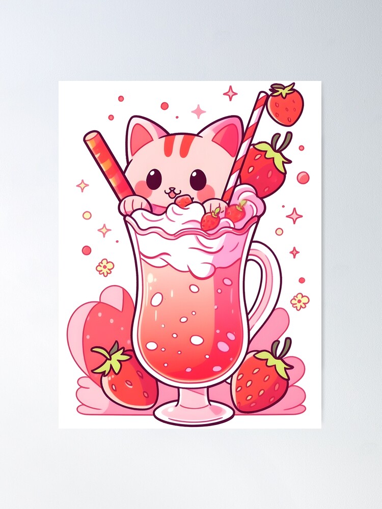 Cute Kawaii Cat in Anime Style in a Glass of Strawberry Cocktail