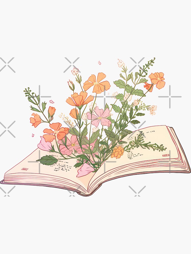 Flowers growing from an open book orange pastel color | Sticker