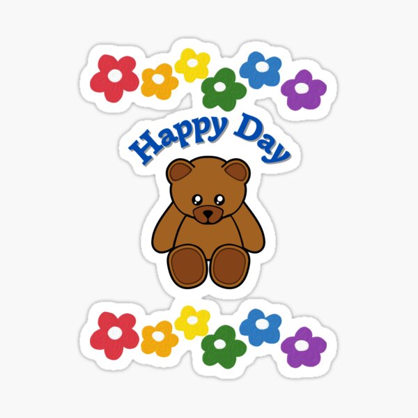 Teddy bear "happy day". Spring. Flowers. Sticker