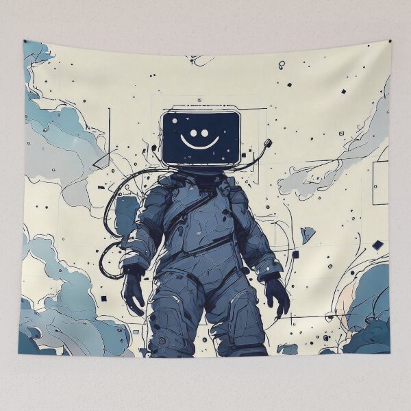 Item preview, Surreal smiling astronaut with a monitor on his head cyber style, tv head designed and sold by TomFrontierArt.