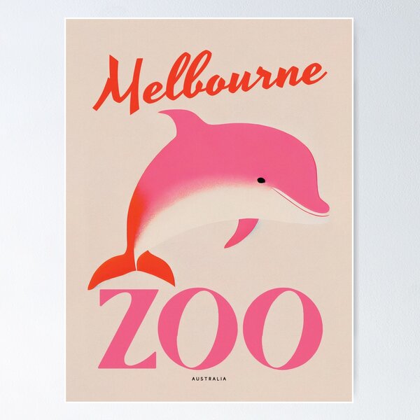 Item preview, Melbourne Zoo Retro Poster Dolphin Pink Orange Vintage designed and sold by PinkNomad.