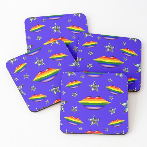 Item preview, LGBT Rainbow Lips and Star pattern on a blue background designed and sold by Pear Tree Studio.