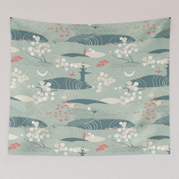 Item preview, Serene Waves And Cherry Blossoms Minimalistic Japanese Pattern designed and sold by Wonder Of Light.