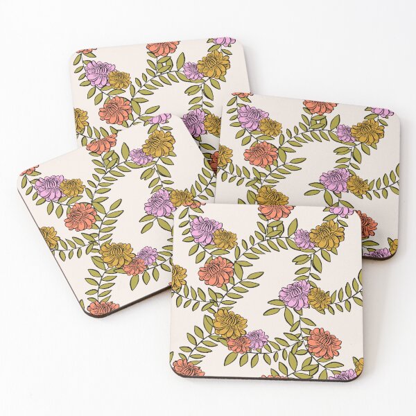 Item preview, Hand-Drawn Camellia Flowers on Intertwined Vines in Mustard, Pink, and Salmon Hues designed and sold by maddydoodlesoup.