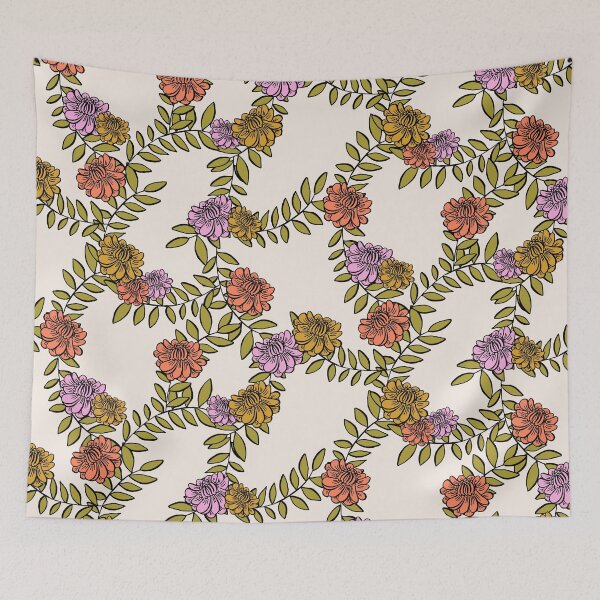 Item preview, Hand-Drawn Camellia Flowers on Intertwined Vines in Mustard, Pink, and Salmon Hues designed and sold by maddydoodlesoup.