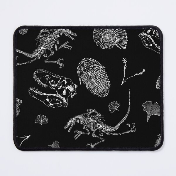 Artikelvorschau, Fossilien - T-Rex, Trilobit, Ammonit, Ginkgo, Jura, weiße Umrisse auf schwarzem Muster entworfen und verkauft von Lacrymastory.
