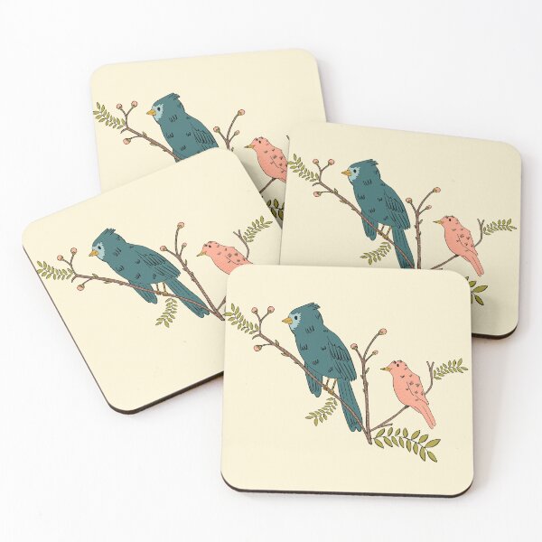 Item preview, Blue and Salmon Birds perched on a budding tree in Spring designed and sold by maddydoodlesoup.