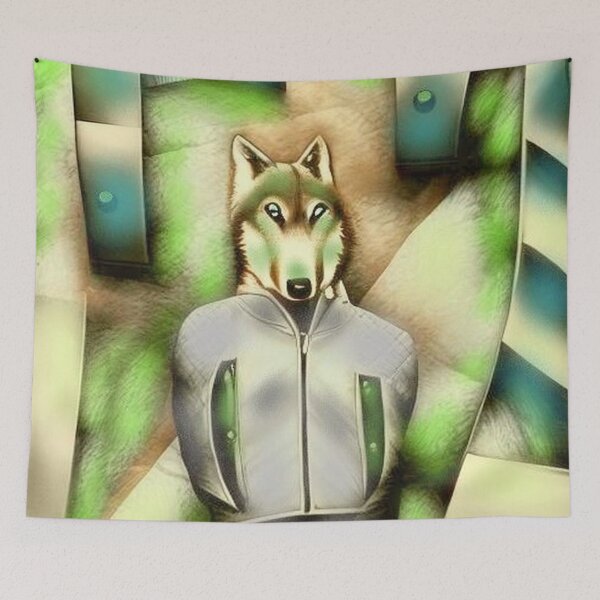 Item preview, Wolf figure in sports jacket with paws in pockets shade of green designed and sold by JaroDesign2023.