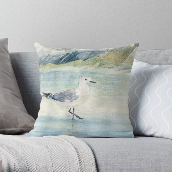 Seagull on the beach Throw Pillow