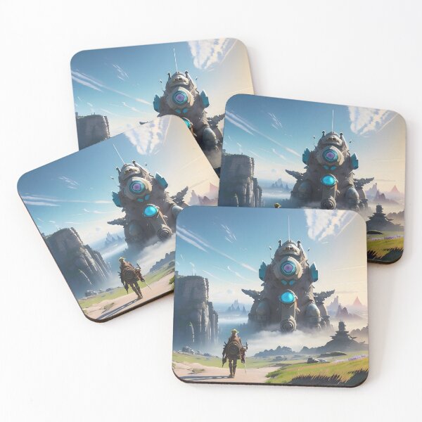 Item preview, Adventurer Facing a Colossal Mecha in a Misty, Distant Landscape designed and sold by worldofwhisper.