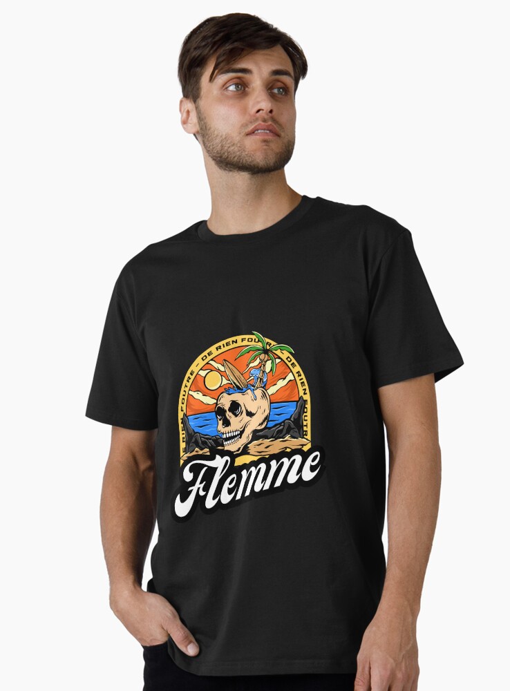 Thumbnail 1 of 4, Premium T-Shirt, Laziness - Skull, palm tree and surfboard on the beach designed and sold by Feignasses.