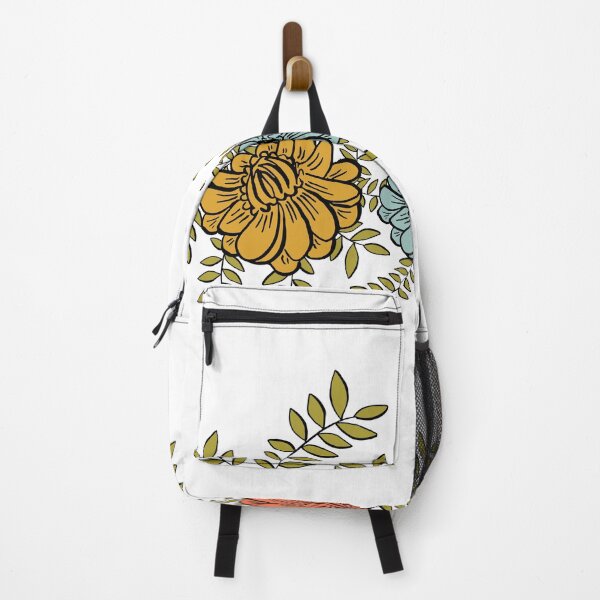 Item preview, Hand-Drawn Camellia Flowers on Intertwined Vines in Mustard, Blue, and Salmon Hues designed and sold by maddydoodlesoup.