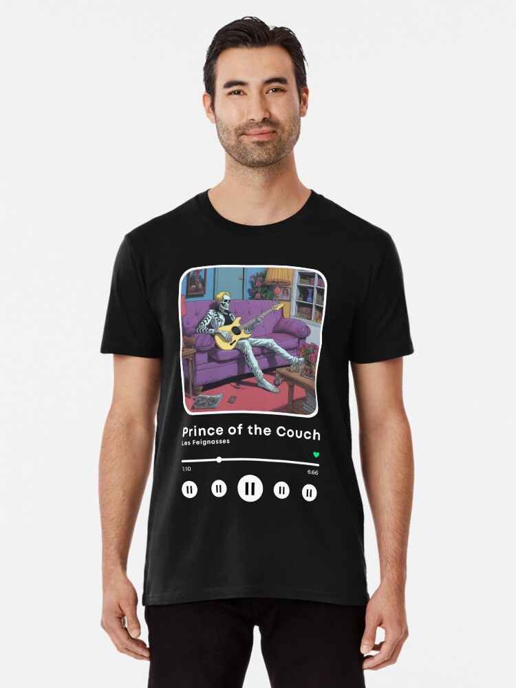 Premium T-Shirt, Music Player Lazy Skeleton Guitarist on his Couch designed and sold by Feignasses