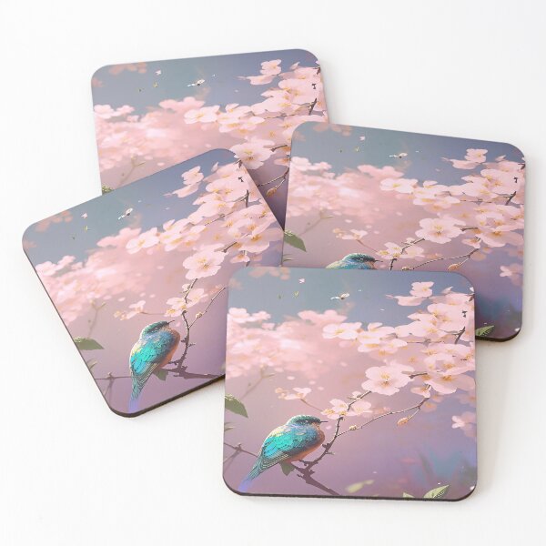 Item preview, Bird Aqua Blue in Tree with Pink Flowers and Blue Sky designed and sold by deniselynnimage.