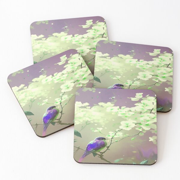 Item preview, Bird Purple in Tree with Light Lime Green Flowers and Purple Sky designed and sold by deniselynnimage.