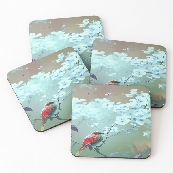 Item preview, Bird Orange Red in Tree with Aqua Blue Flowers and Green Sky designed and sold by deniselynnimage.